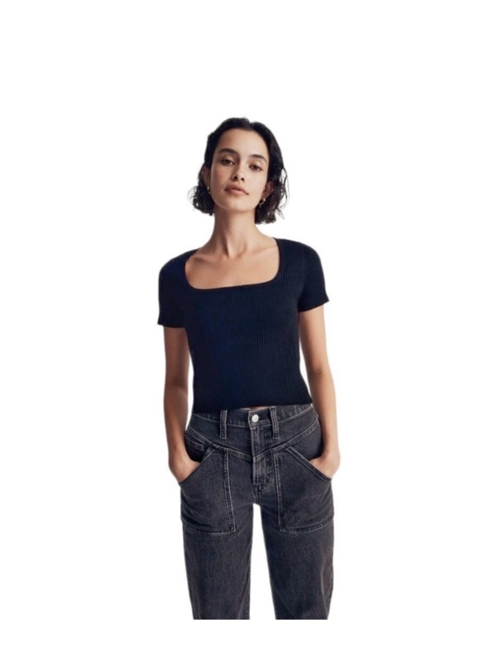 Madewell Ribbed Black Square-Neck Crop Top